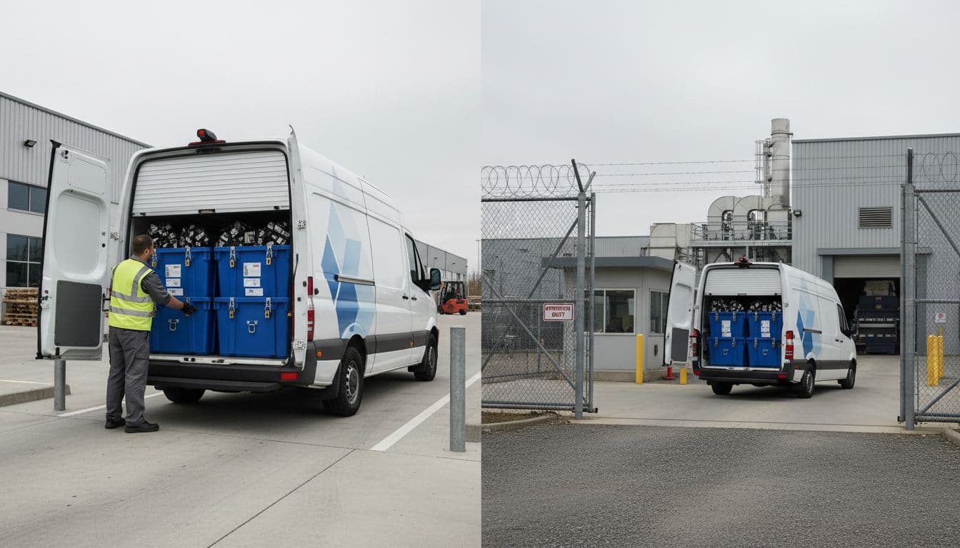 Worker in uniform closes door of white branded van with locked blue bins of hard drives at warehouse loading dock.