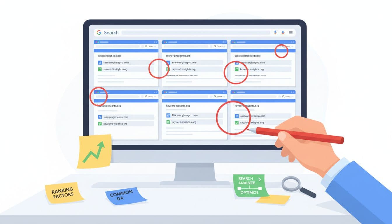 Infographic-style illustration featuring multiple Google SERP screenshots in a grid on a large monitor, with repeating website domains circled in red across different keyword searches. A hand holds a pen pointing to the common domains on a clean white desk scattered with SEO notes, in vibrant modern flat design.