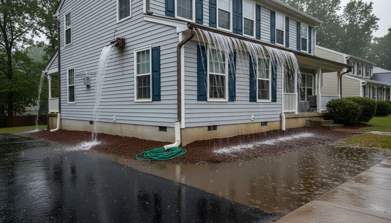 Realistic exterior photo of a suburban house on a rainy day highlighting poor drainage with clogged gutters overflowing, short downspouts, flat soil grading, and puddles near the foundation.