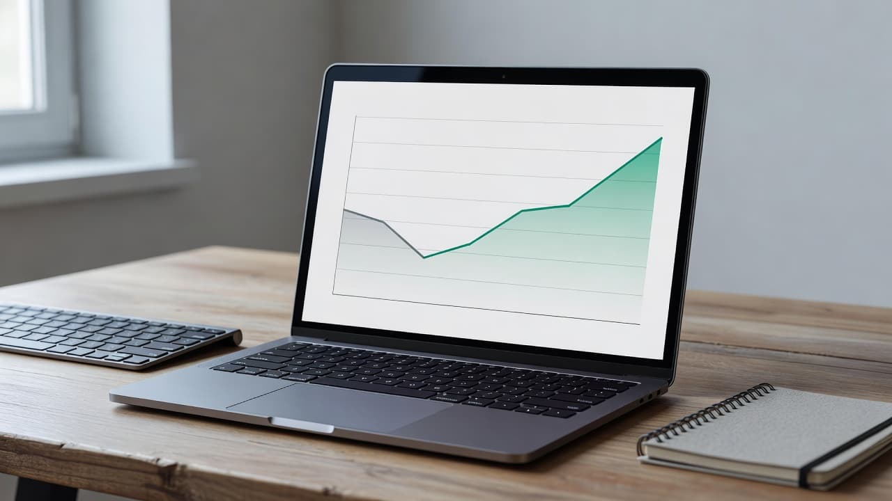 A sleek laptop displays a digital line graph showing a sharp recovery and upward trend on a clean wooden desk. Natural light highlights the organized workspace during a data audit process.