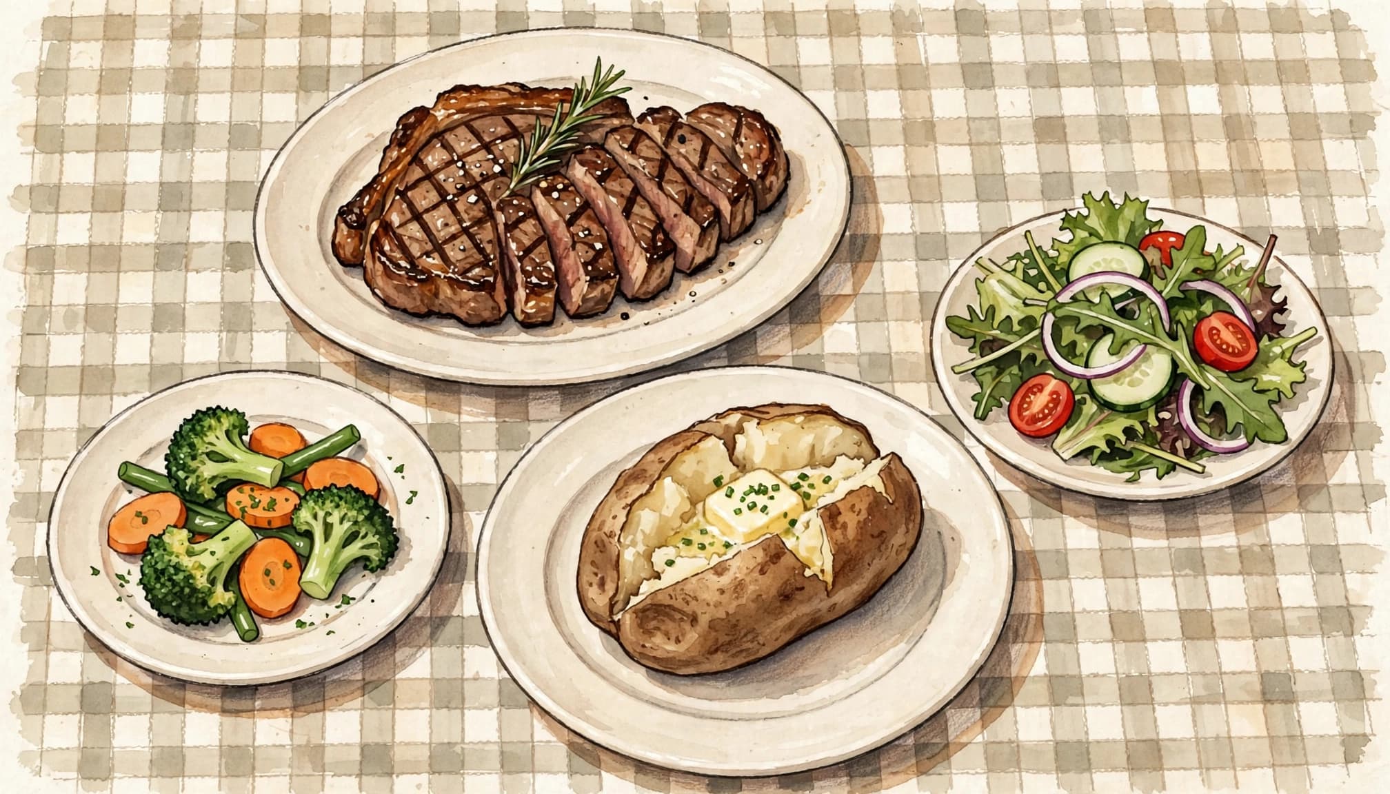 A hand-painted illustration of a sliced steak, a baked potato, vegetables, and a salad on a checkered table.