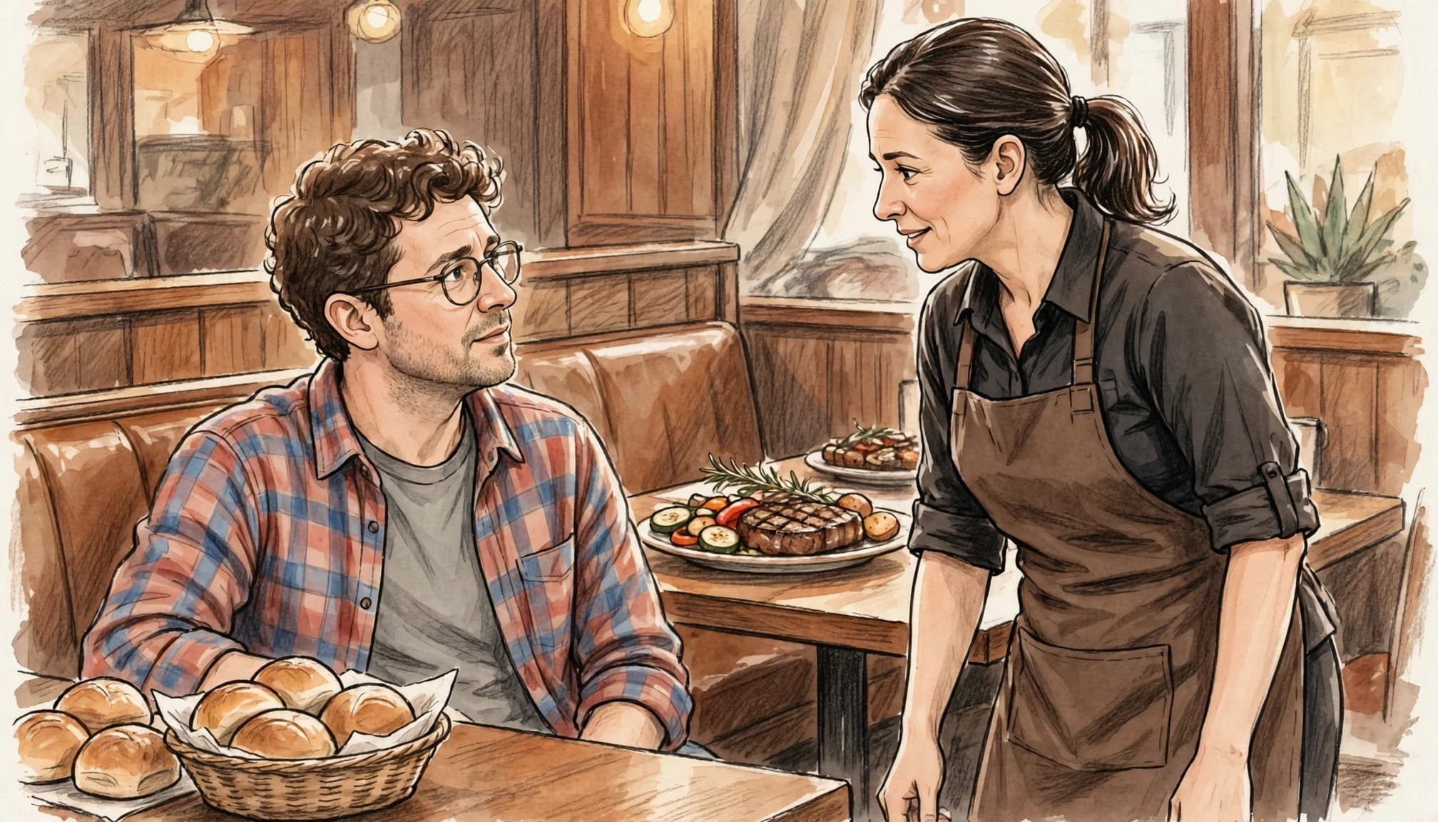 An illustrated diner and server discussing food at a restaurant booth.