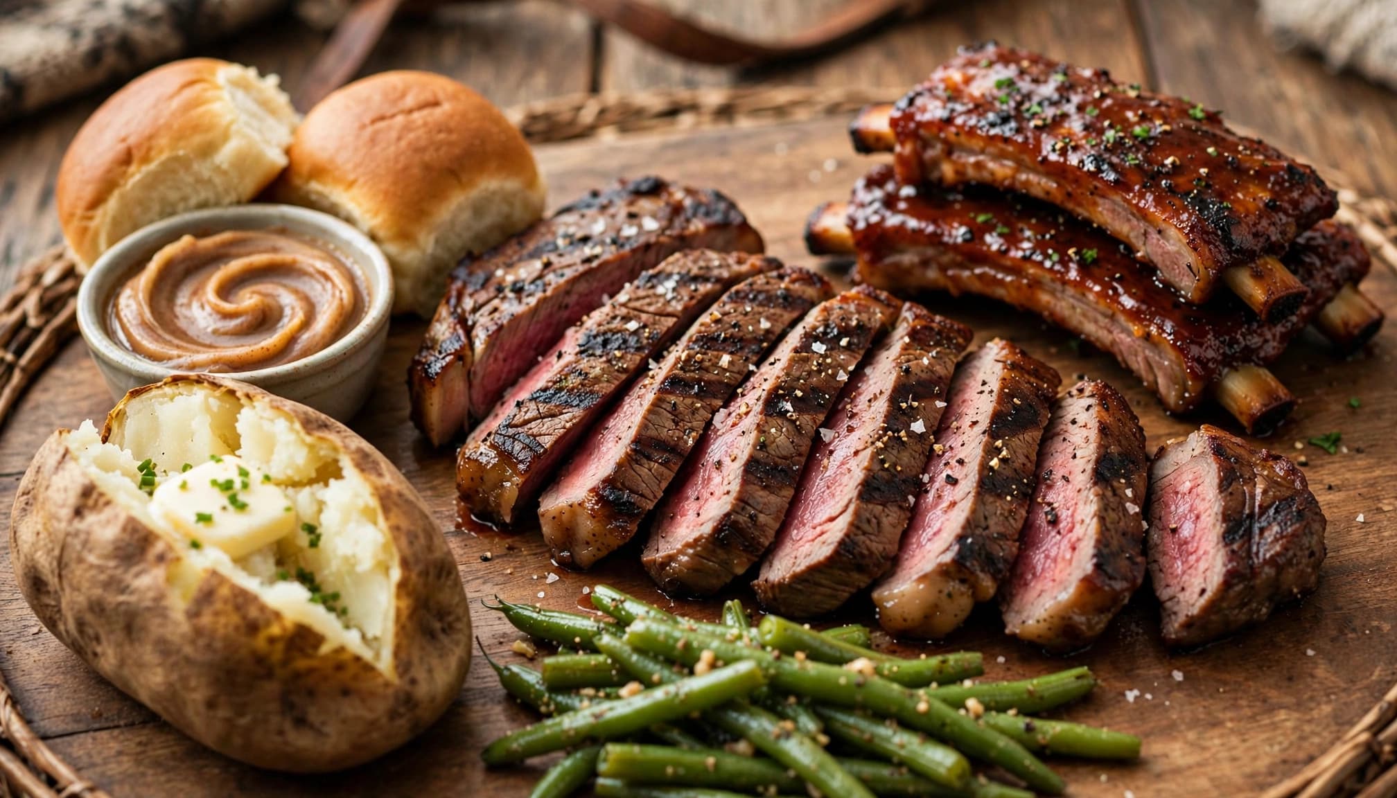 Is Texas Roadhouse a Steakhouse? What to Expect 1 A rustic wooden board holds a sliced steak, barbecue ribs, a baked potato, green beans, rolls, and butter.