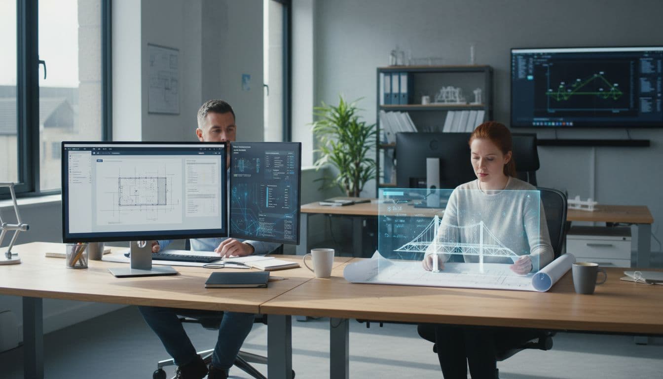 In a modern Irish engineering office bathed in natural daylight, exactly two civil engineers at desks review projects; one uses a computer with a subtle AI agent interface highlighting data summaries from emails and spreadsheets on a secondary monitor, surrounded by blueprints and CAD models.