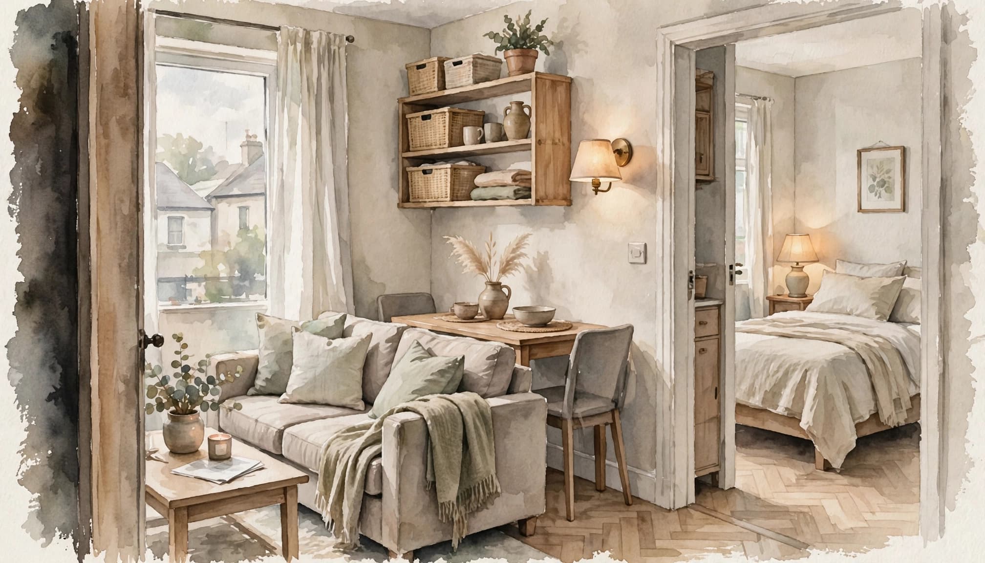 A furnished living area with a sofa, dining table, warm lamps, and a bed visible through an open doorway.