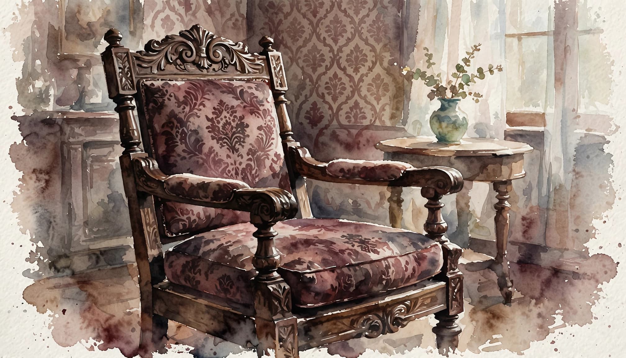 A watercolor painting of a dark carved wooden armchair with patterned burgundy upholstery in a Victorian parlour.