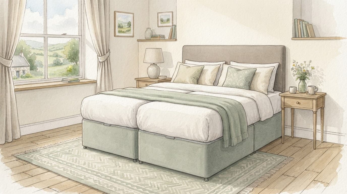 A large zip and link bed centered in a calm guest bedroom.