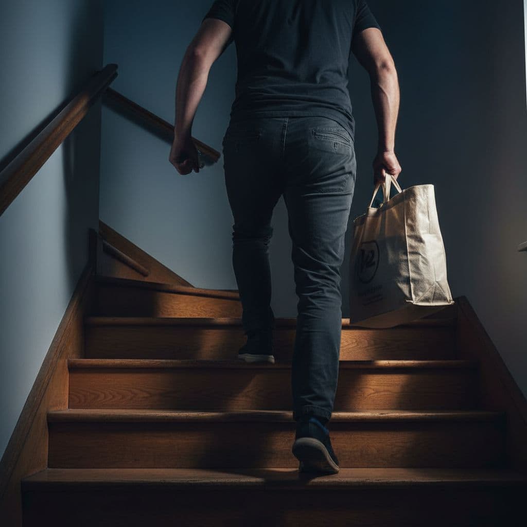 A person ascending wooden stairs in dramatic moody lighting