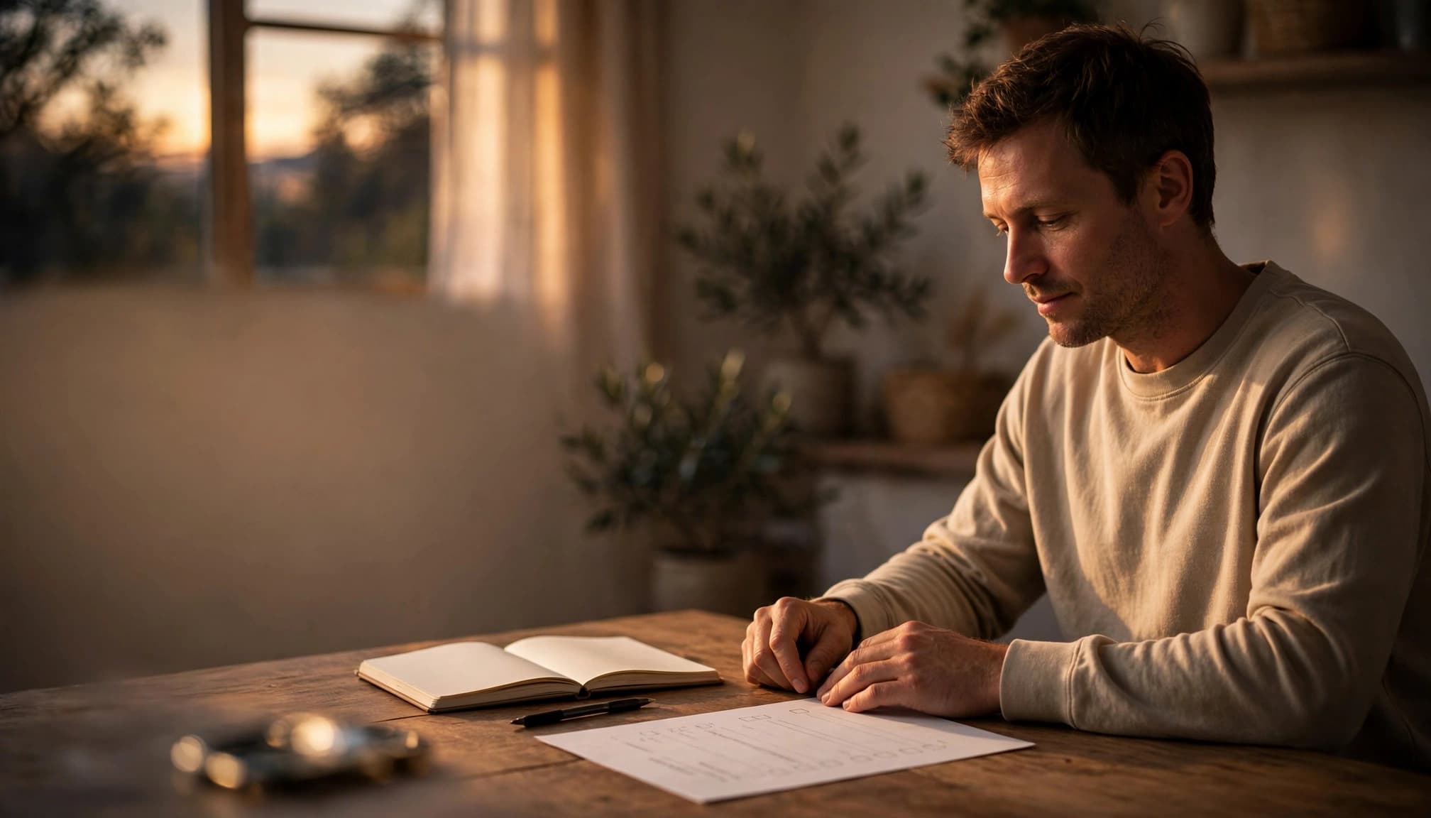 An adult writes in a notebook at a wooden table beside a blurred phone.