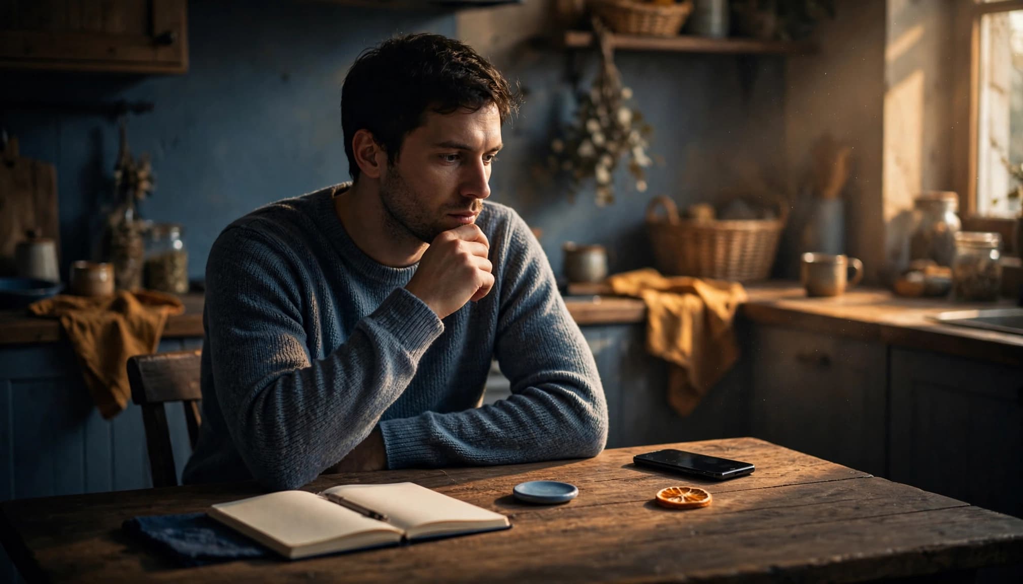 A person pauses at a kitchen table with a notebook, phone, and two objects representing a choice.