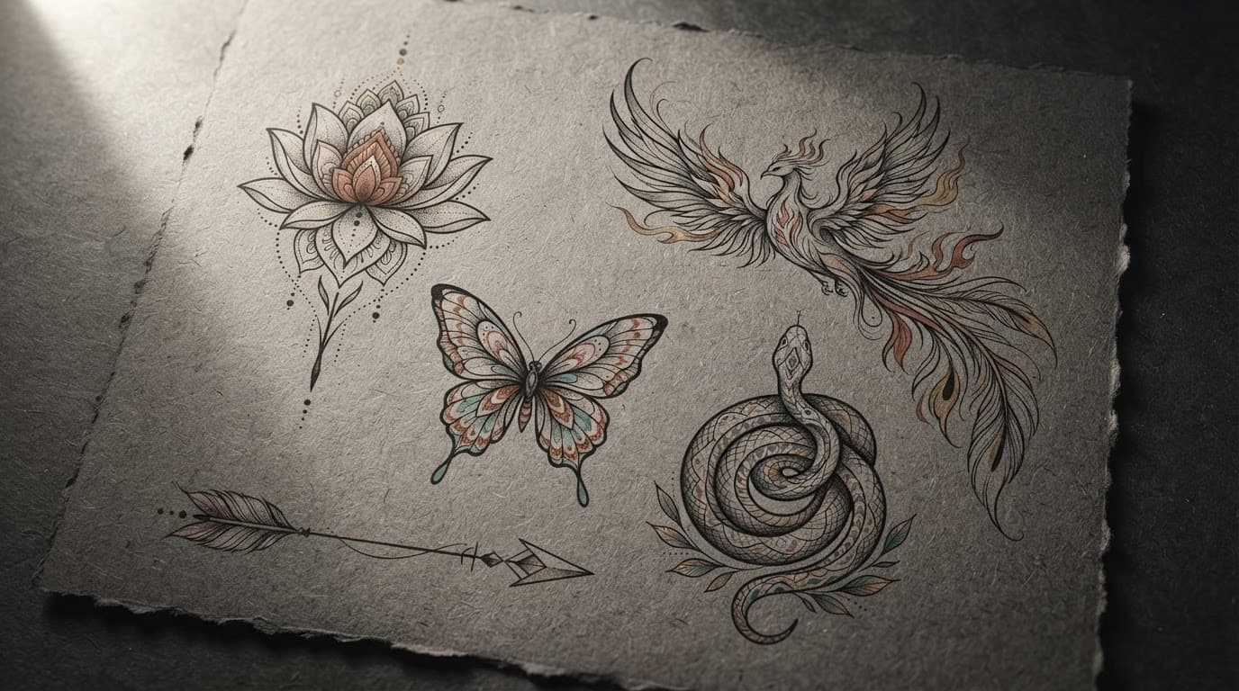 Five symbolic tattoo sketches on charcoal paper: a lotus, butterfly, phoenix, snake, and arrow.