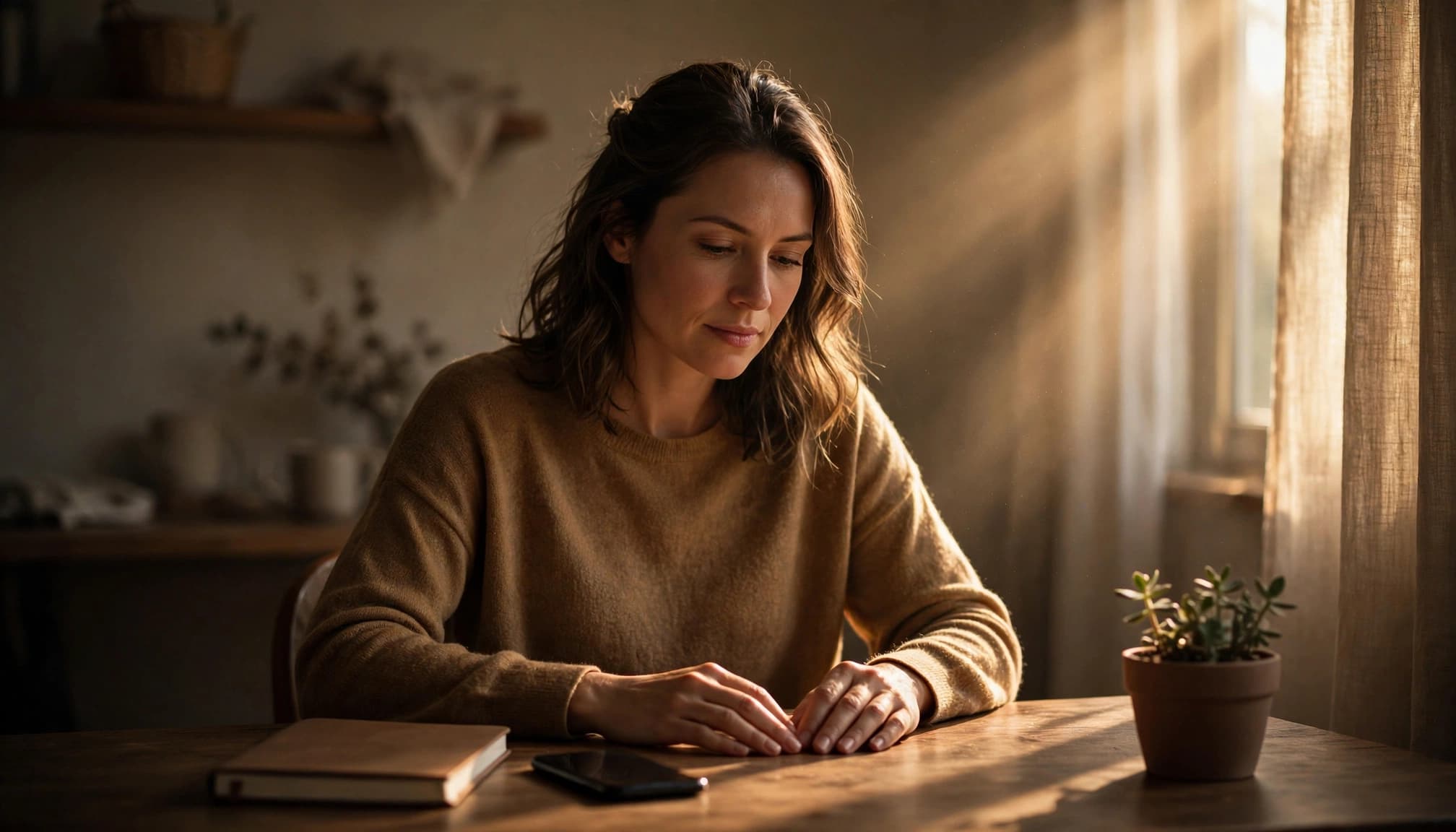 Adult at a home desk pauses beside a closed notebook and phone in warm window light.
