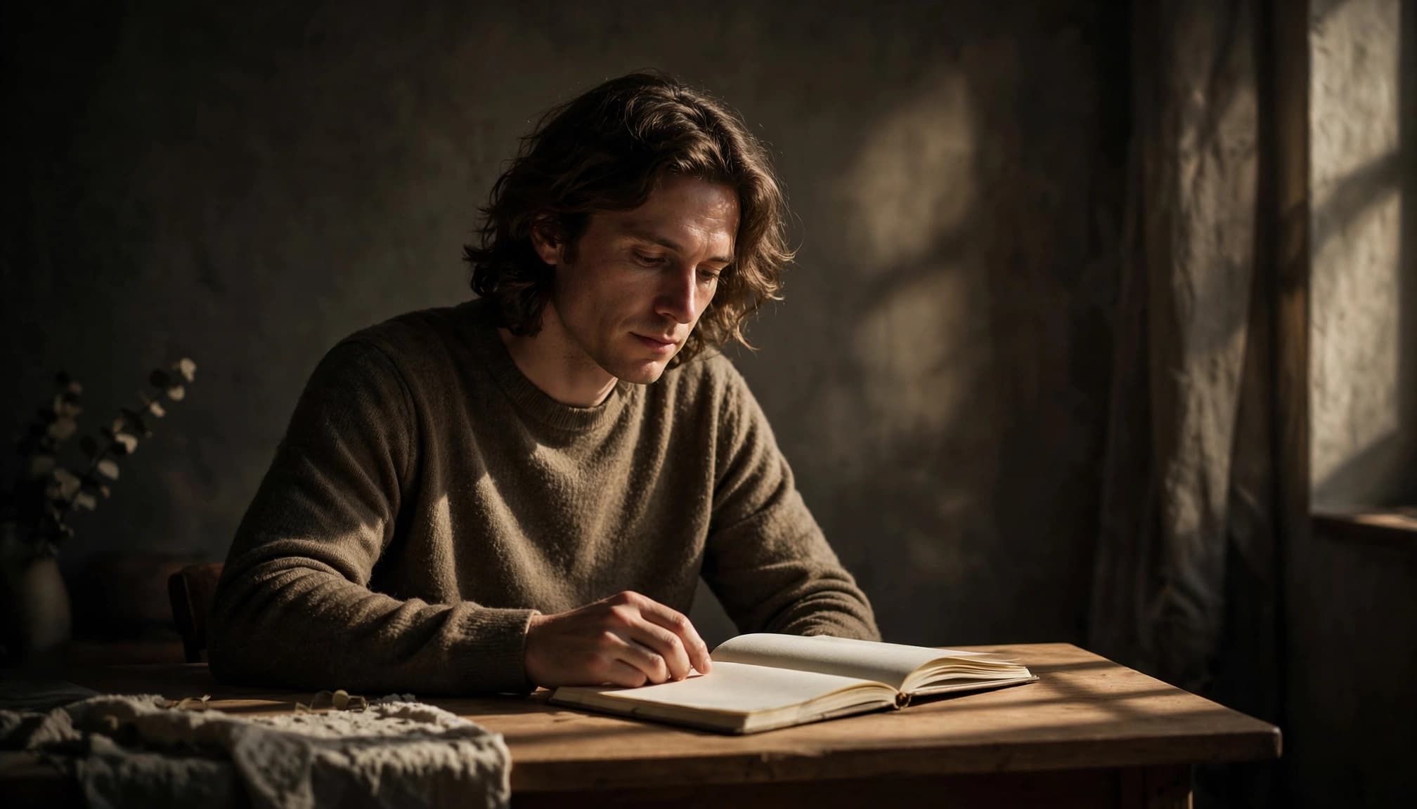 A person pauses at a desk with a notebook in warm, dramatic light.