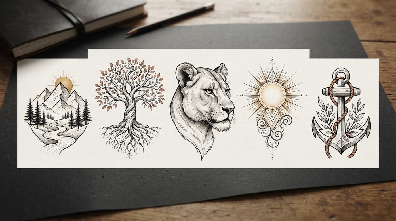 Five tattoo sketches show a lioness, sun, anchor, tree, and mountains on dark paper.