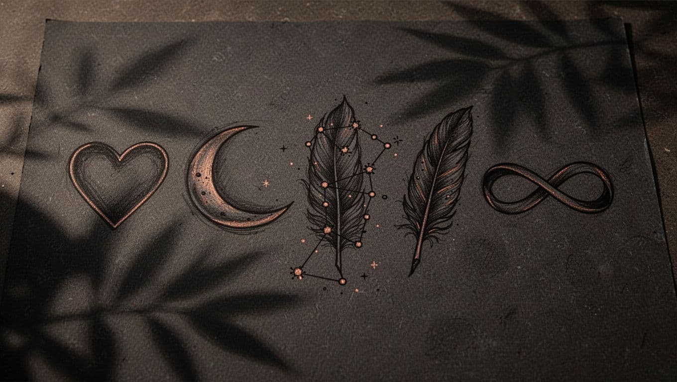 Five tattoo sketches show a heart, moon, feather, constellation, and infinity symbol on dark paper.