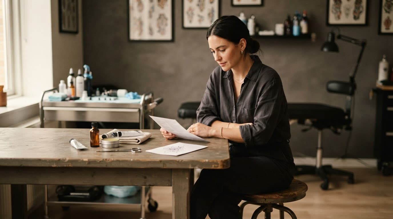 Woman reviewing tattoo aftercare supplies and a consultation sketch in a professional studio.