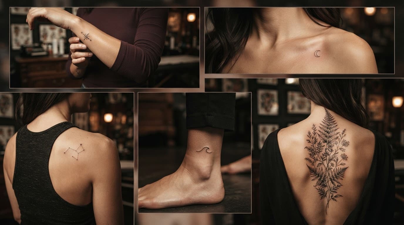 Cropped views show a woman's tattoo placements, including fine-line symbols and a botanical design.