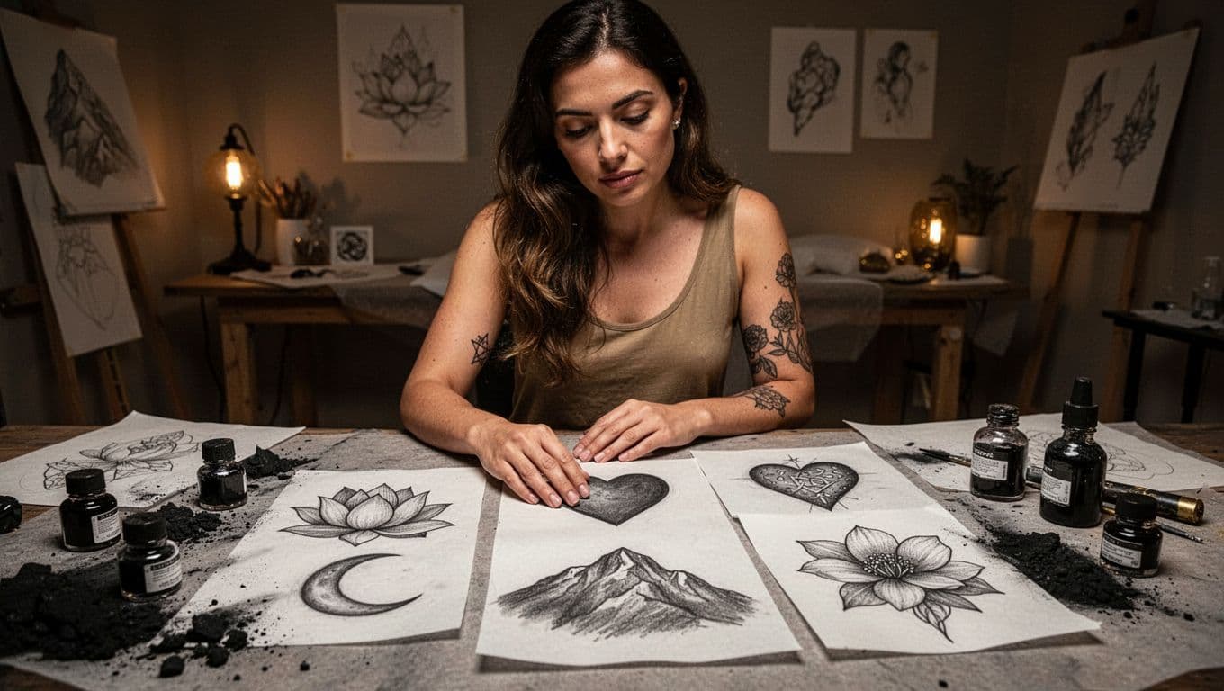 A woman reviews symbolic tattoo sketches beside ink tools in a warm studio.