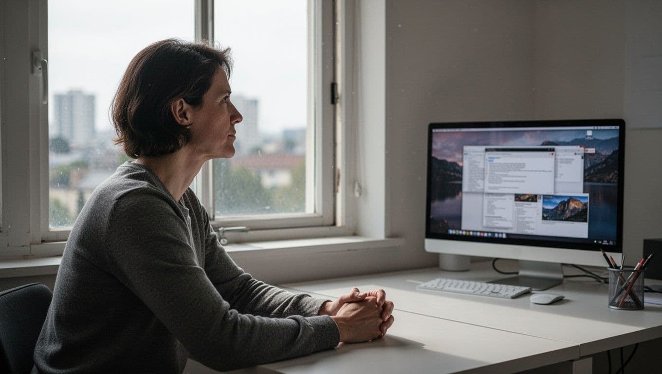 A person gazes relaxedly out a window from an office desk with a computer in the background, under soft natural light, illustrating the 20-20-20 rule for reducing digital eye fatigue.