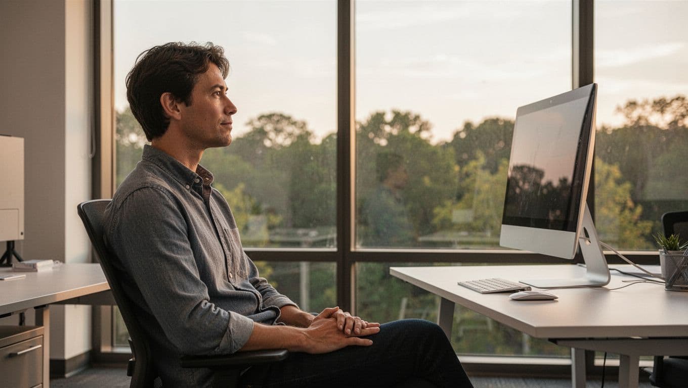 A person sits at a desk in a modern office, looking away from the computer screen out a large window at distant trees, with hands relaxed on lap and a serene expression. The photorealistic image in soft afternoon light highlights the eyes shifting gaze, exemplifying the 20-20-20 rule for eye strain relief.