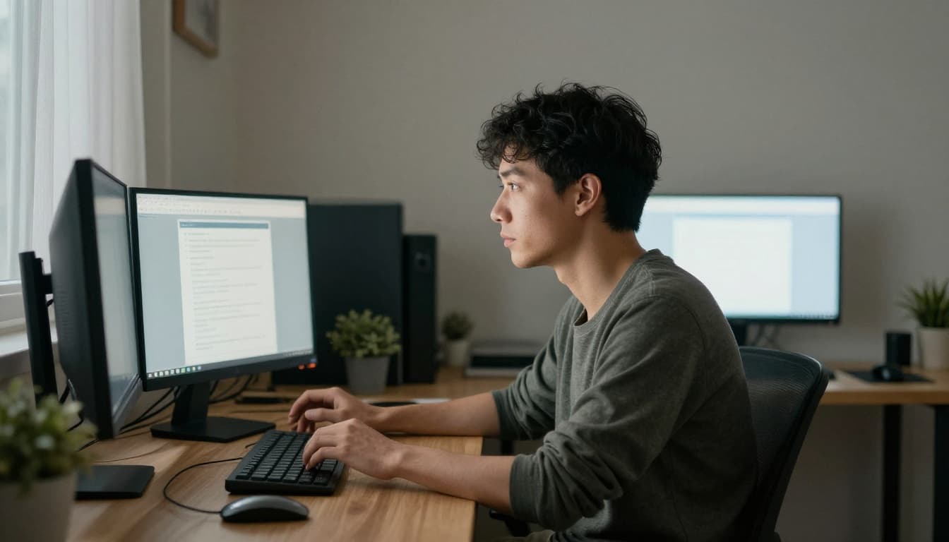 A relaxed person looks out the window every 20 minutes following the 20-20-20 rule to rest their eyes, with a computer desk in the background in a bright room with natural light.