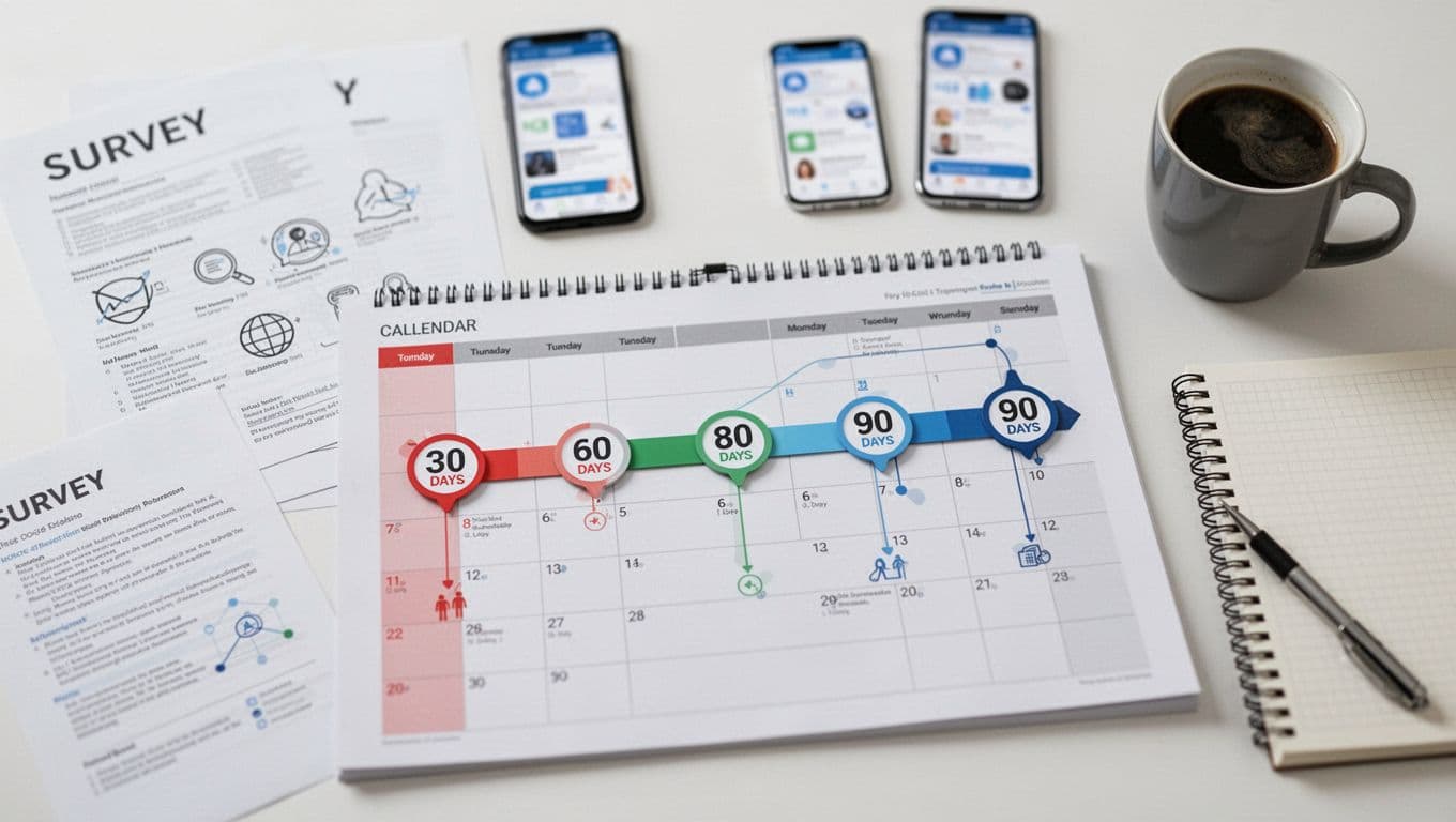 Top-down view of a calendar timeline on a desk with 30-60-90 day markers, surrounded by survey form icons, blurred phone app screenshots, coffee mug, and notebook in a clean professional style under bright office lighting.
