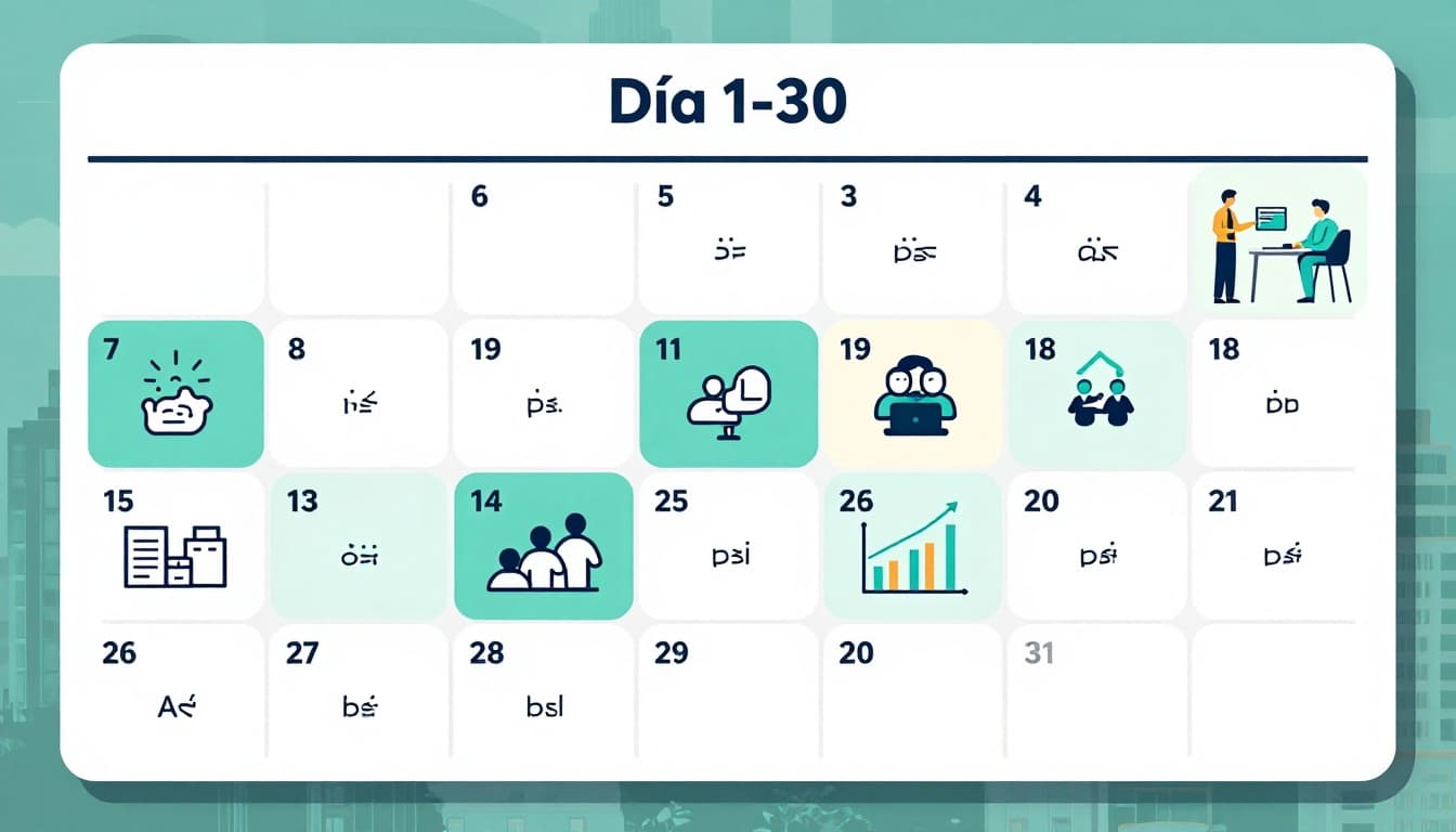Modern illustration of a 30-day calendar planner for company anti-stress pauses adoption, with icons for breathing, team meetings, app usage, and progress charts on a Mexico City office background using clean shapes and teal accents.