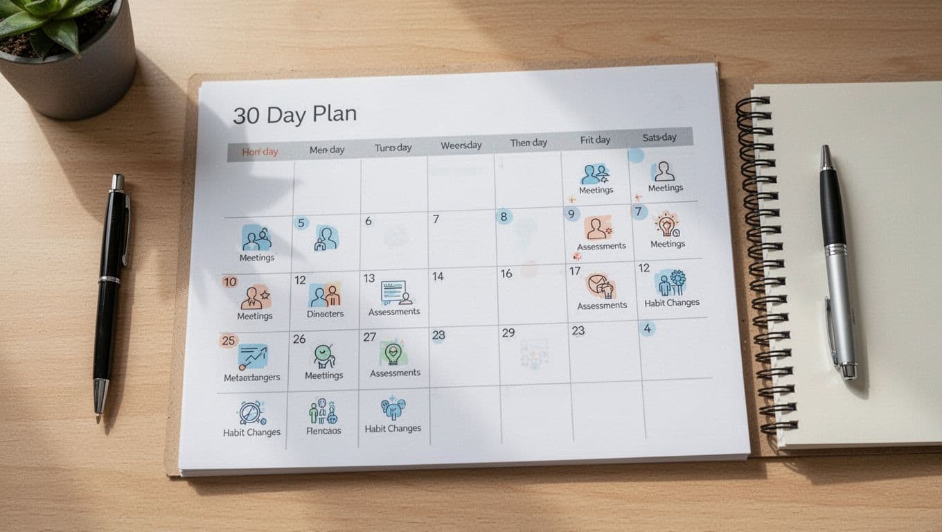 A clean, photorealistic top-down view of a 30-day plan calendar on a wooden desk with a pen and notebook nearby, featuring weeks 1-4 marked with subtle icons for meetings, assessments, and habit changes under soft natural light.
