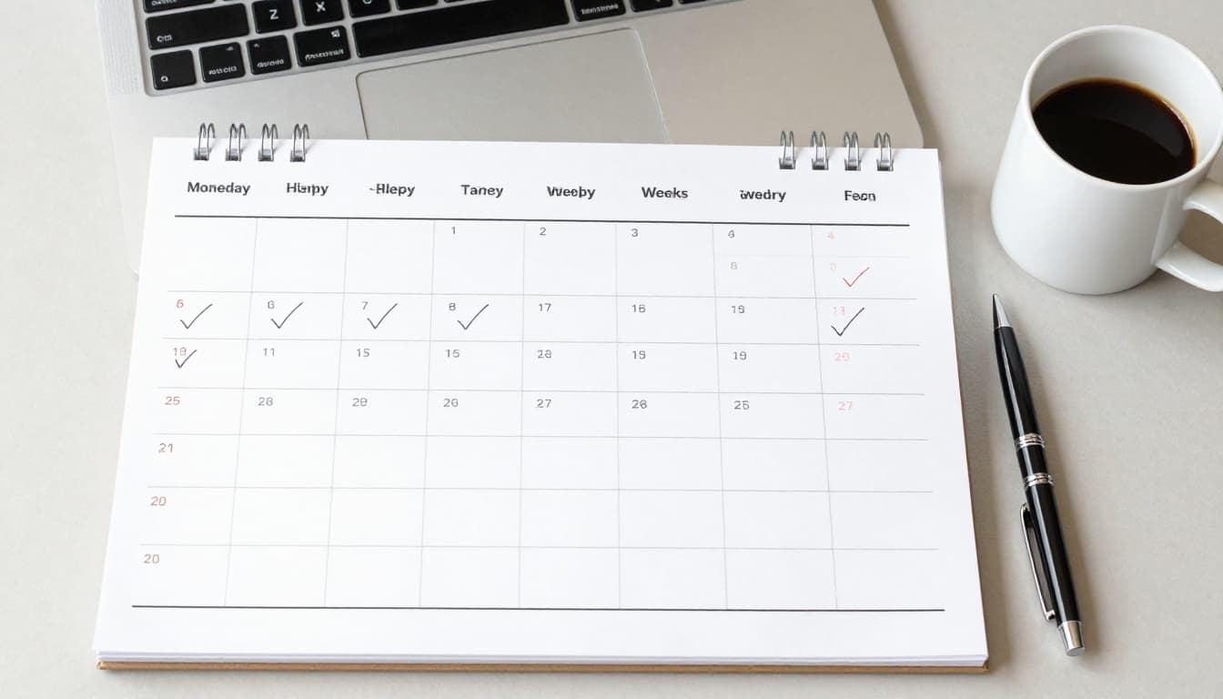 Simple calendar planner on desk showing 30-day sleep program rollout with checkmarks on weeks 1-4, pen and coffee mug beside; top-down view in modern office style with clean realistic rendering and natural daylight.