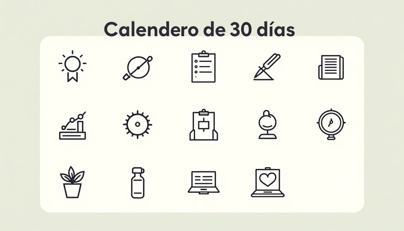 Illustrated 30-day calendar showing progress in a sleep program with simple icons for survey, training, breathing habit, and review on a clean office background with calming plants and soft light. Minimalist vector style, horizontal composition, no people, text, or borders.