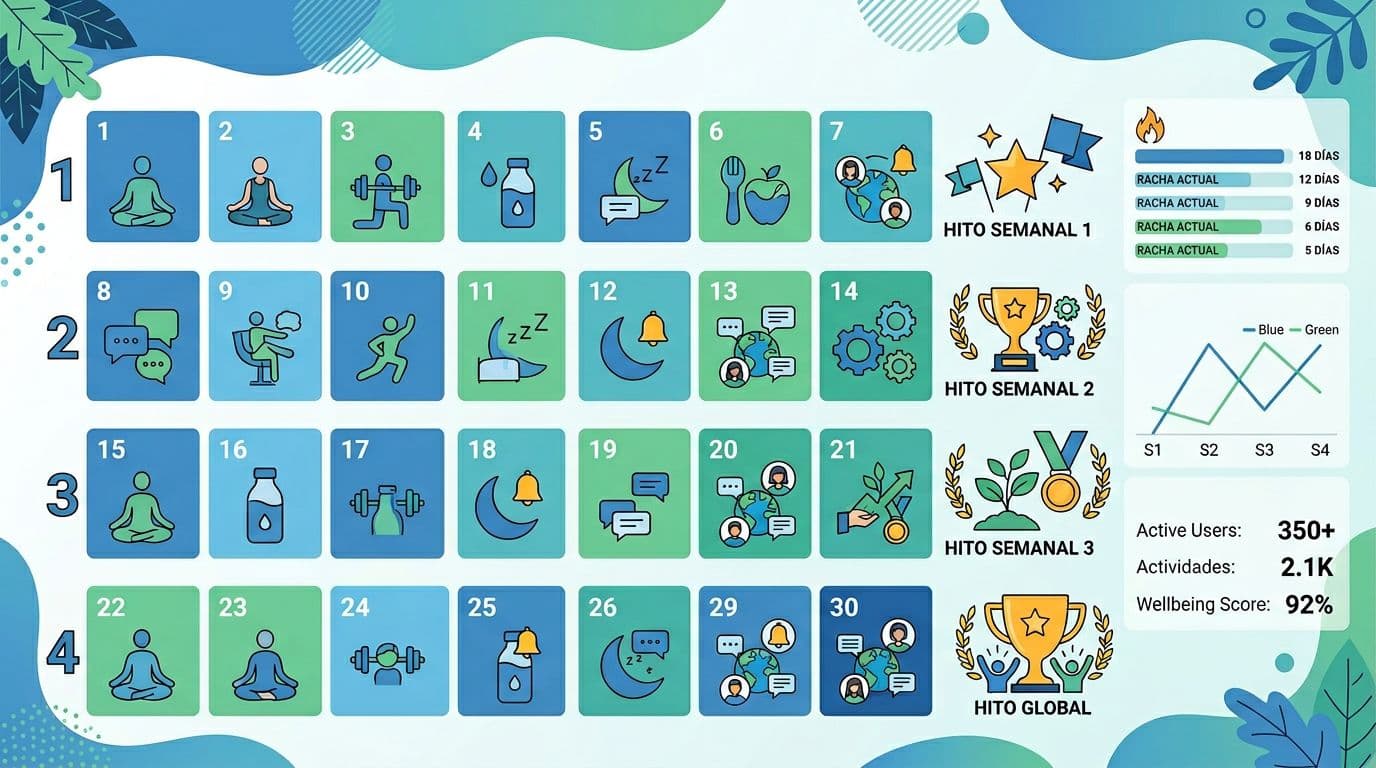 Clean vector illustration of a 30-day calendar with weekly milestones for global team wellness program rollout, featuring async collaboration icons and a simple dashboard with streaks and usage metrics in calming blue and green tones.