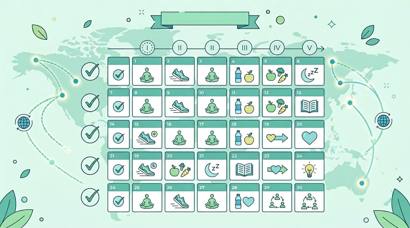 A horizontal landscape illustration of a 30-day calendar for wellness program rollout, featuring weeks marked with check icons and a global team connected by lines on a light background in calming green and blue tones. Simple vectorized style with generic symbols like arrows and checks, no legible text, people, or watermark.