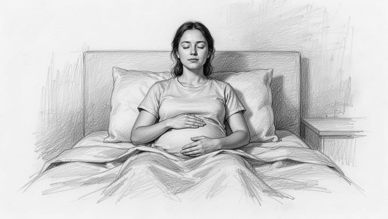 Hand-drawn graphite sketch of a person sitting up in bed performing the 4-7-8 breathing exercise, one hand on belly, other relaxed, calm closed eyes in simple night setting. Monochromatic grays with light shading on clean white paper background, no text or extra elements.