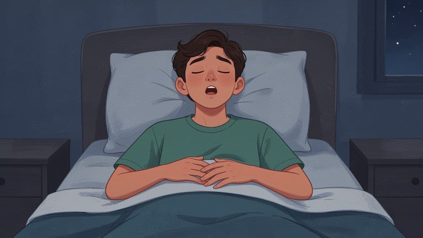 A young adult lies peacefully in bed at night with eyes closed and mouth slightly open, subtly demonstrating the 4-7-8 breathing technique, hands relaxed on abdomen, in a modern illustration with calming blues, greens, and neutrals.