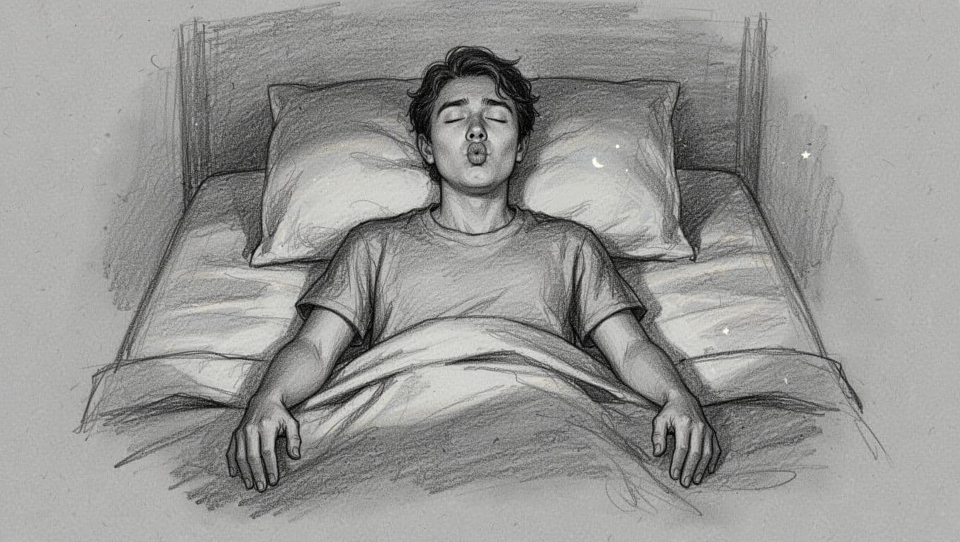 Hand-drawn graphite sketch of a young adult lying relaxed in a moonlit bedroom at night, practicing 4-7-8 breathing with eyes closed, pursed lips, and serene expression, hands resting at sides.