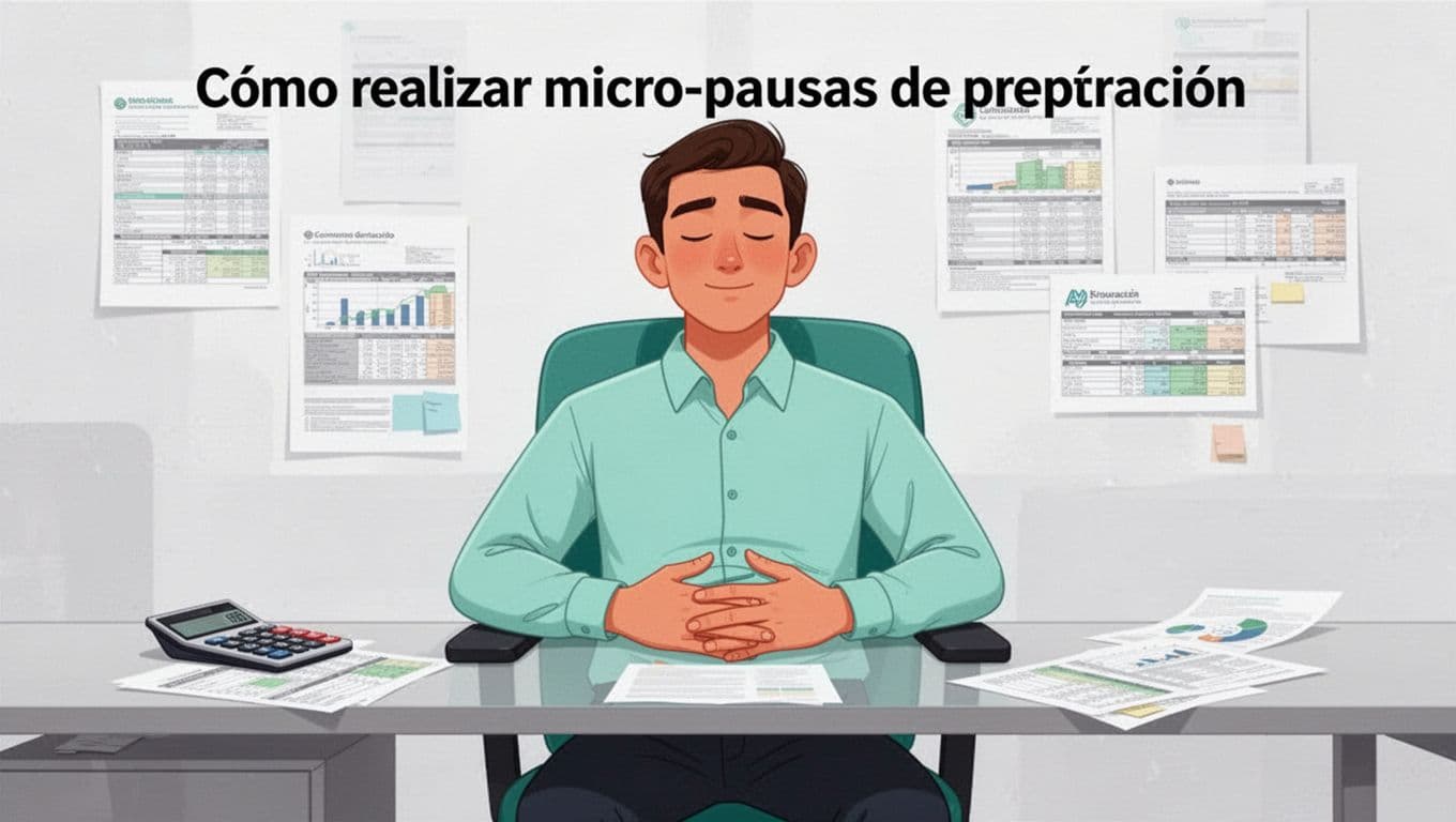 Illustration of a contador seated at a modern office desk in CDMX, eyes closed in a deep breathing micro-pause, hands relaxed on abdomen, calm expression, with subtle accounting elements like calculator and papers in the background.