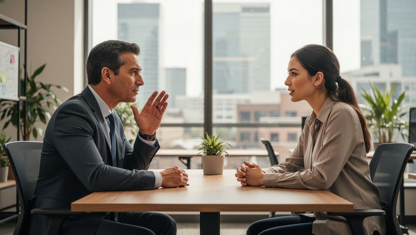 A manager sits across from an employee in a modern office, both engaged in conversation with the manager nodding attentively, relaxed postures, natural daylight, realistic style.