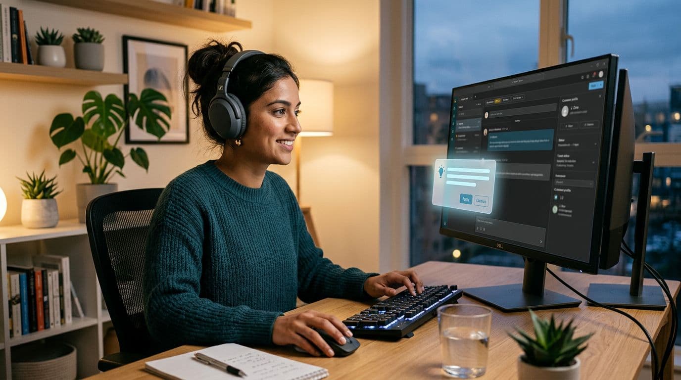A relieved support agent works at a clean modern desk in a home office, with a subtle AI copilot suggestion overlay on their angled computer screen. Realistic style with warm lighting, featuring exactly one person and no readable text, logos, or watermarks.