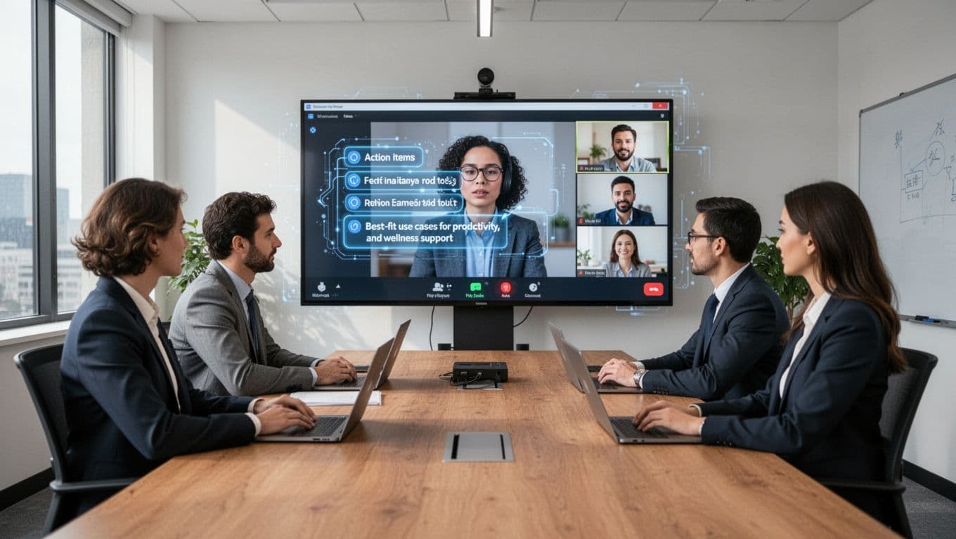 Modern conference room with hybrid workers on video call, subtle AI overlay highlighting action items on shared screen, realistic setup with two people in room and one on screen, natural lighting.