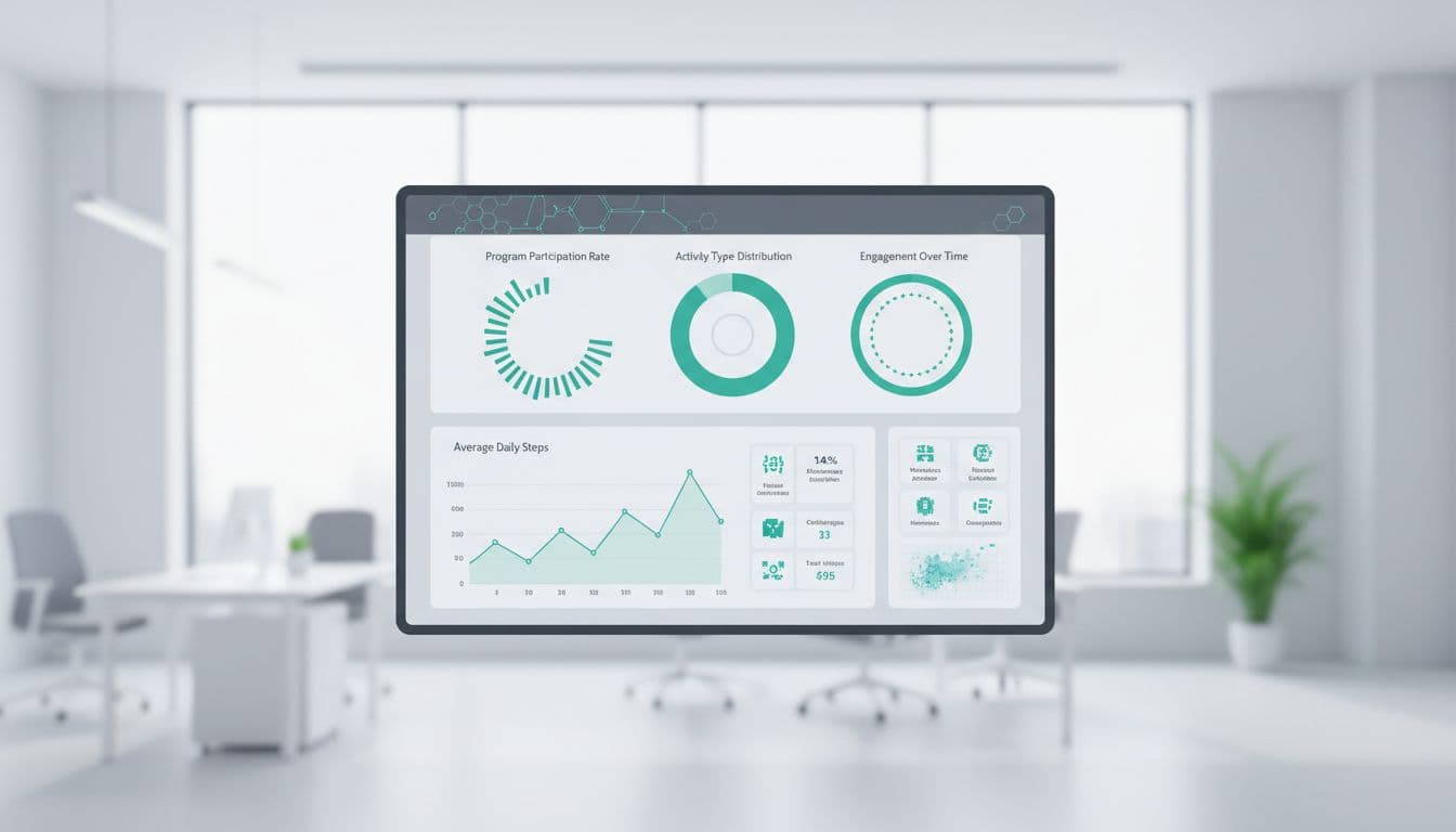 Modern illustration of a secure dashboard displaying aggregated participation metrics for a corporate wellness program with no personal information visible, featuring clean charts accented in teal within a neutral office environment.