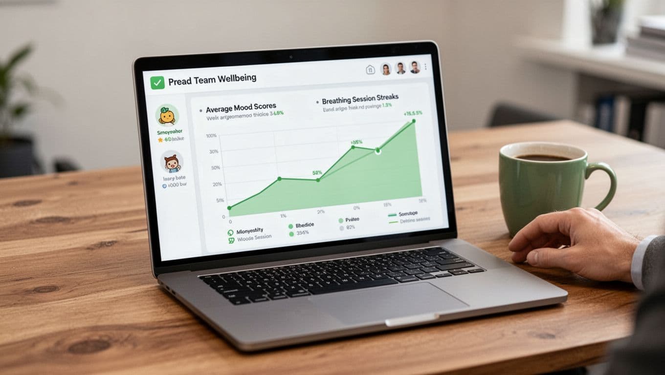 Clean dashboard on a laptop screen showing anonymized team wellbeing trends like average mood scores and breathing session streaks, using simple charts in green tones. Laptop on wooden desk with coffee mug nearby in a realistic office setting, no personal data or extra objects.