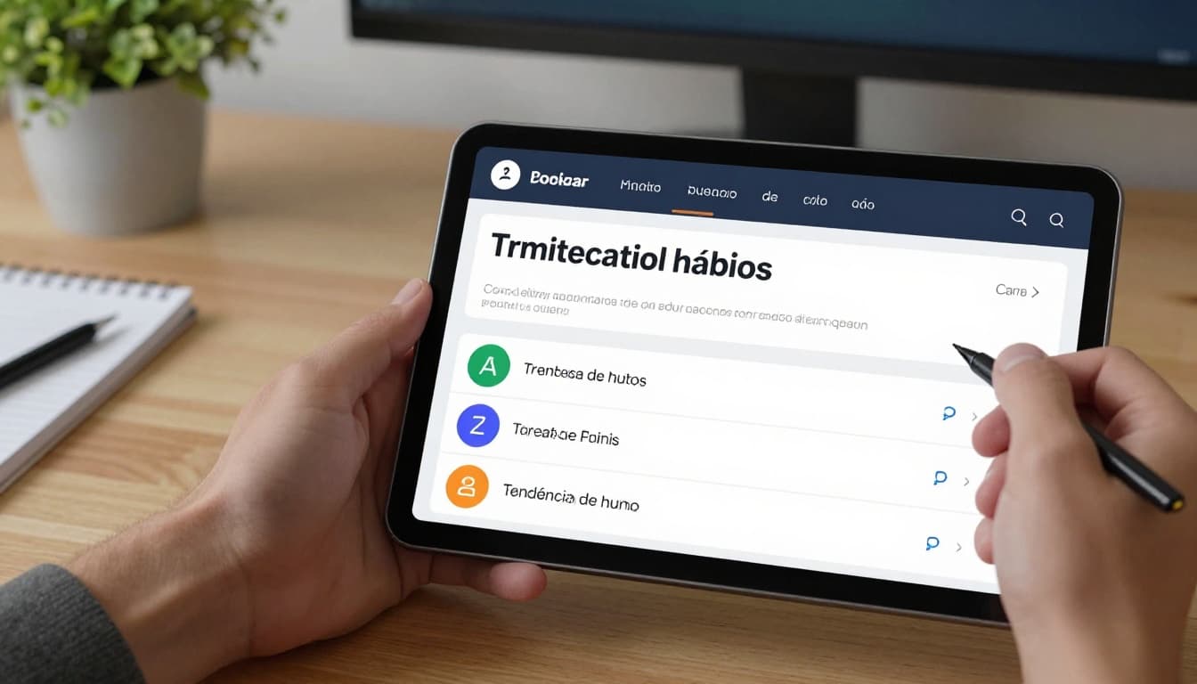 Simple tablet dashboard displaying anonymized team well-being metrics like habit streaks and mood trends, tilted on an office desk with plants and notebook in background, clean modern style, relaxed hand nearby, no legible text or logos.