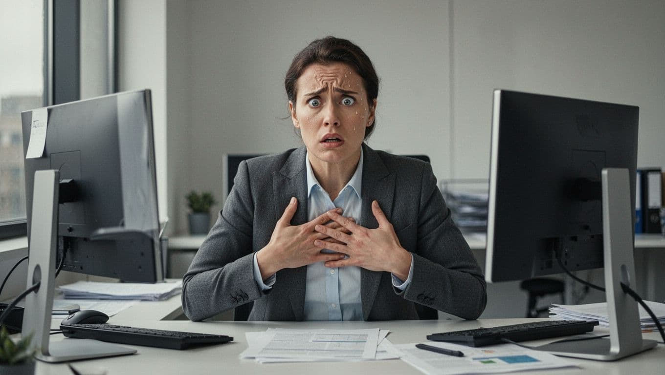 A single professional in a modern office sits at a desk with tense posture, hands on chest, wide eyes, and subtle sweat on forehead, illustrating discreet physical signs of anxiety.