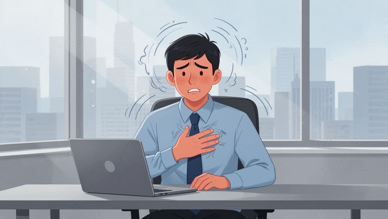 Modern illustration of a young professional in a contemporary office, seated at a desk with a laptop, displaying mild anxiety through a hand on the chest and subtle curved lines around the head indicating racing thoughts, using clean shapes, soft blues, and neutral grays.