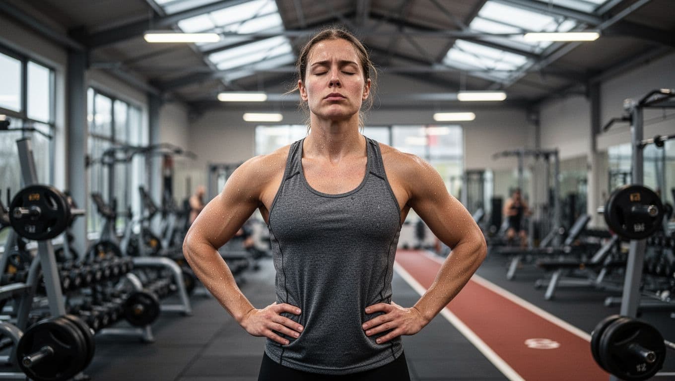 A focused athlete stands with hands on hips, eyes closed, practicing box breathing during an endurance training break in a modern gym, with sweat on brow and blurred weights and track in background.