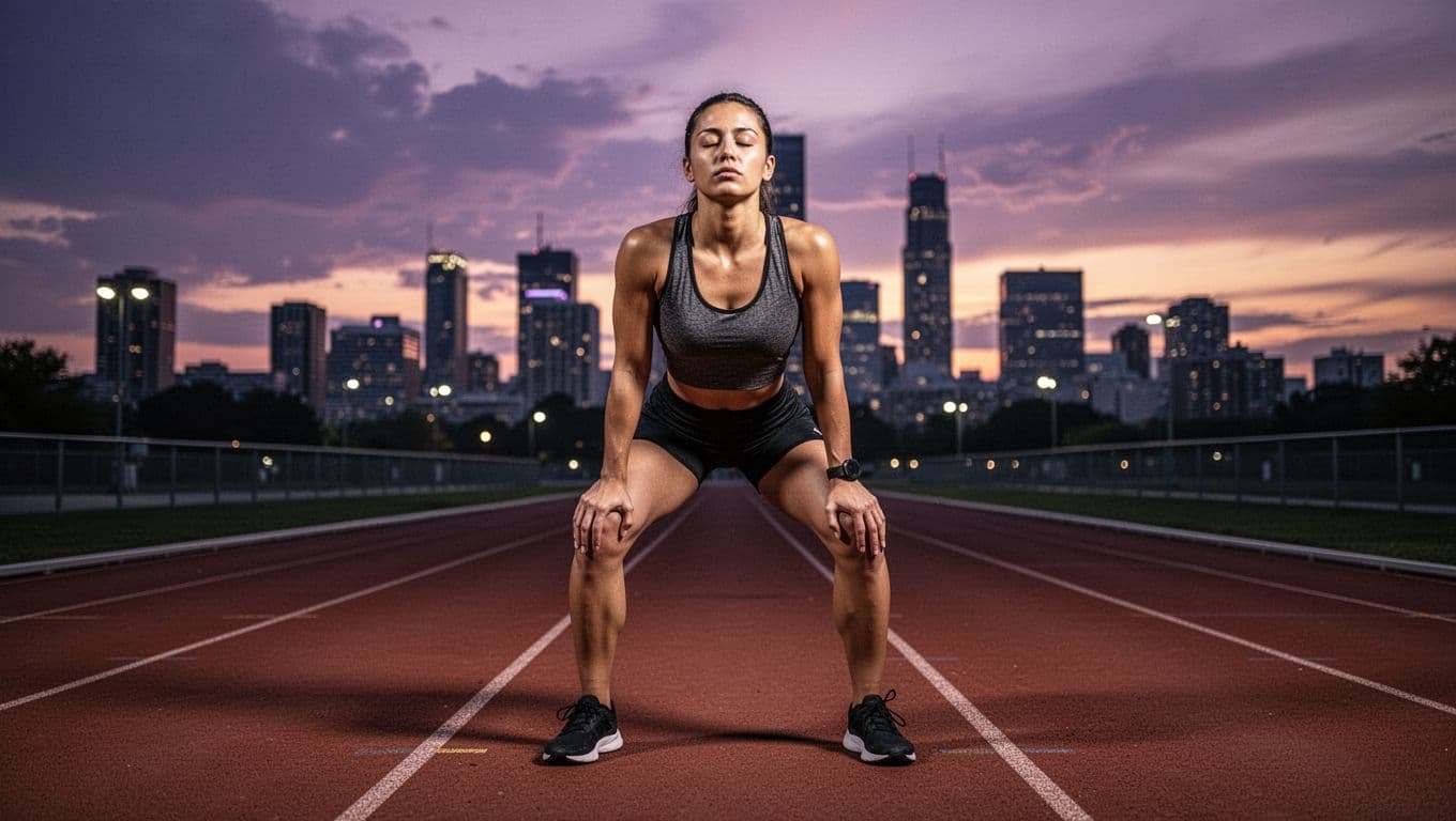 A focused athlete in athletic wear practices box breathing on a running track at dusk, hands on knees, eyes closed, deep steady breaths, city skyline background, dramatic purple and orange sky, realistic photography.