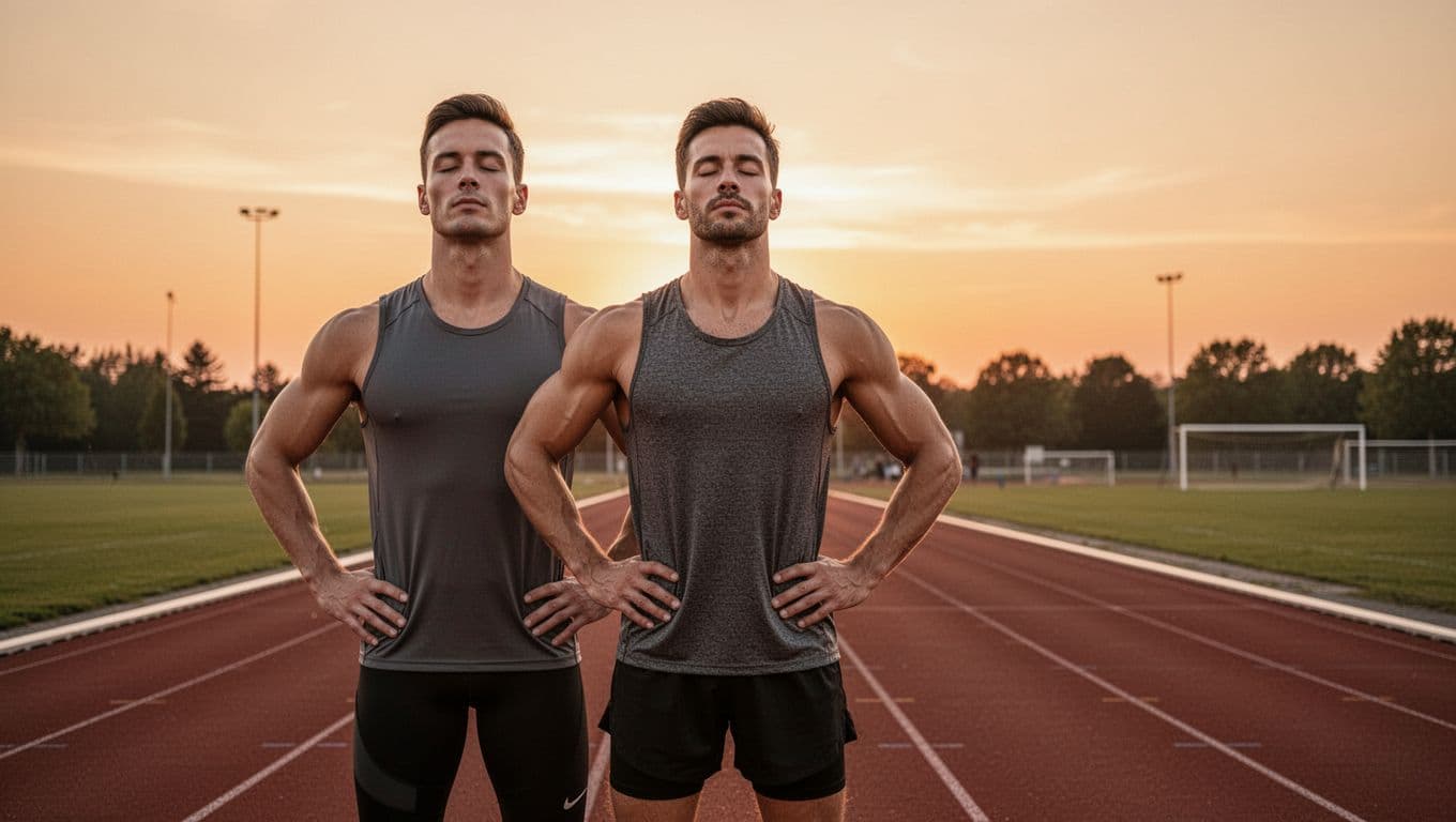 A modern athlete stands on a running track at sunset, practicing box breathing with eyes closed and hands on hips in a relaxed, focused posture. The photorealistic scene features an empty track, vibrant orange sky, and distant trees, conveying a motivational yet calm mood.