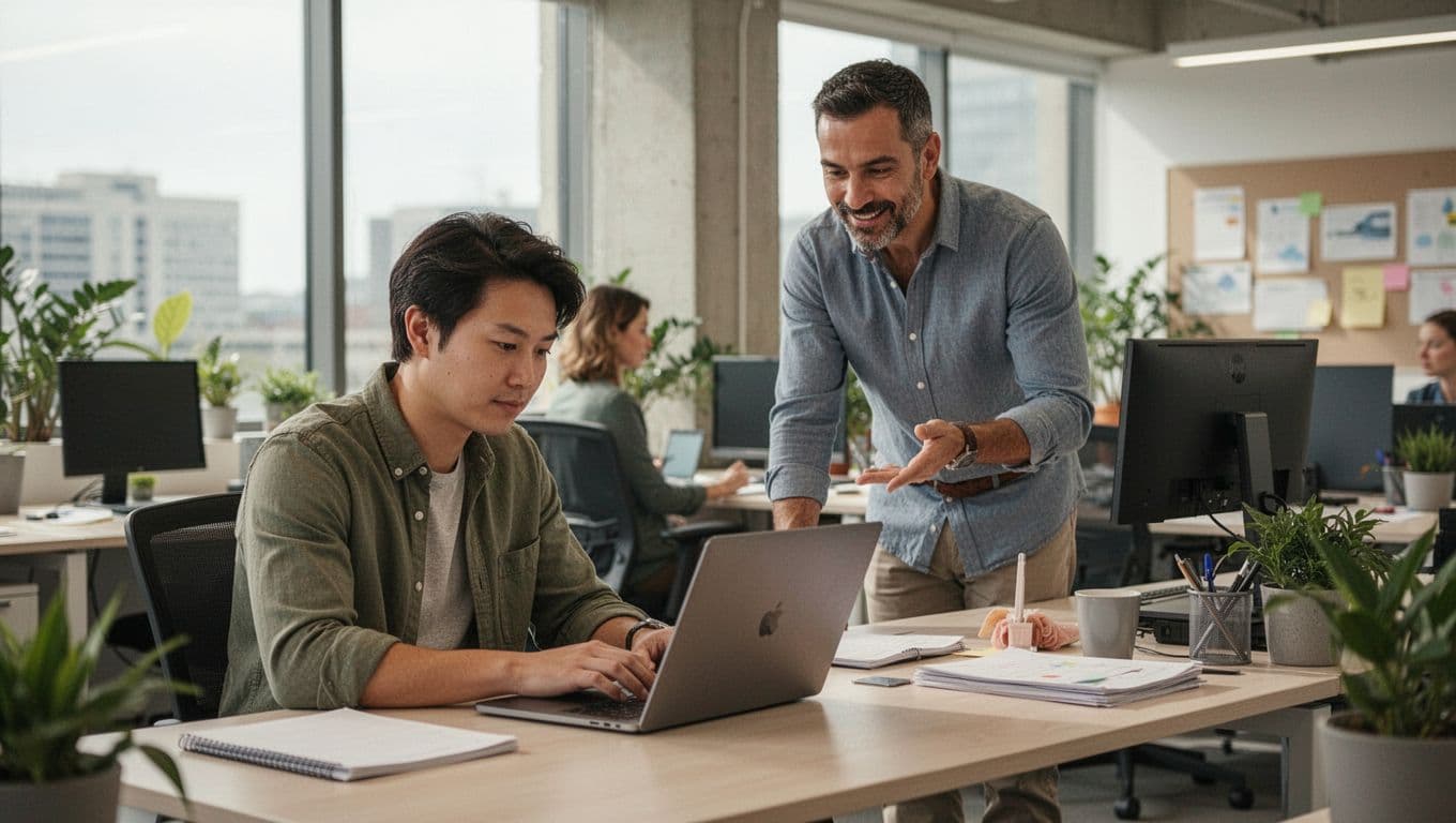 Focused employee works autonomously at a desk with laptop in open office, manager casually checks in supportively from background in relaxed professional environment with natural daylight.