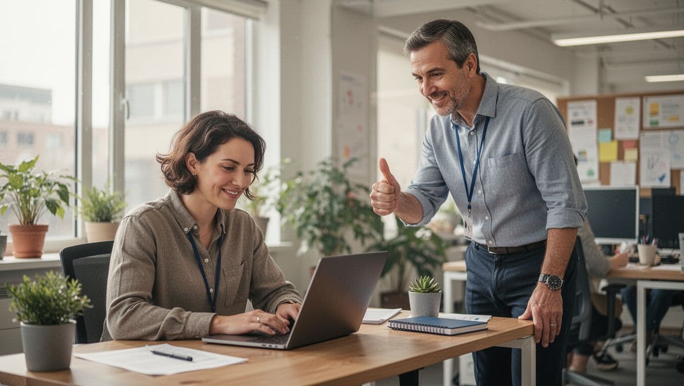 An employee works independently at a desk with a laptop in a collaborative office, while the manager stands nearby offering a supportive thumbs up gesture. Realistic photo in soft daylight with relaxed, confident poses and exactly two people.
