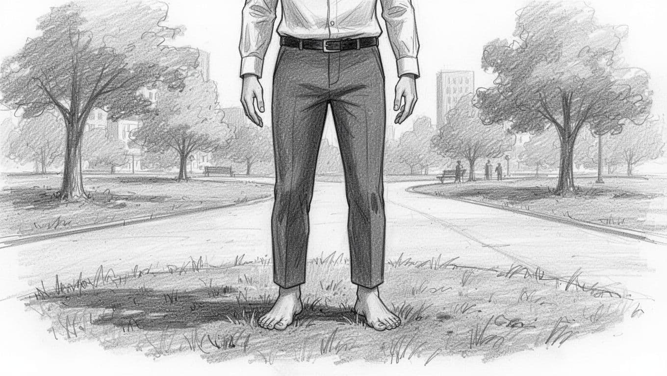 A young professional stands barefoot on grass in a city park, feet hip-width apart firmly pressed into the ground with even weight distribution, knees slightly bent, in a hand-drawn graphite sketch style. Tight composition on lower body and feet illustrates the 'Feel the Ground Under Your Feet' technique.